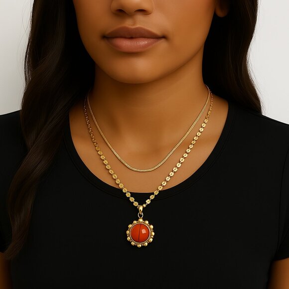 Gold-Tone Layered Necklace - Red Stone Pendant – Stylish Women's Fashion Jewelry - Picture 1 of 10